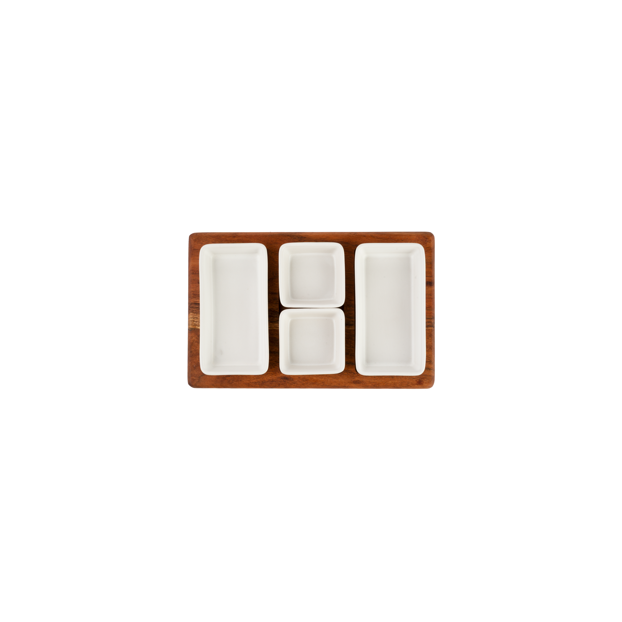 Pure Acacia Wood Borreltray 31cm 3-vaks met schaaltjes wit
