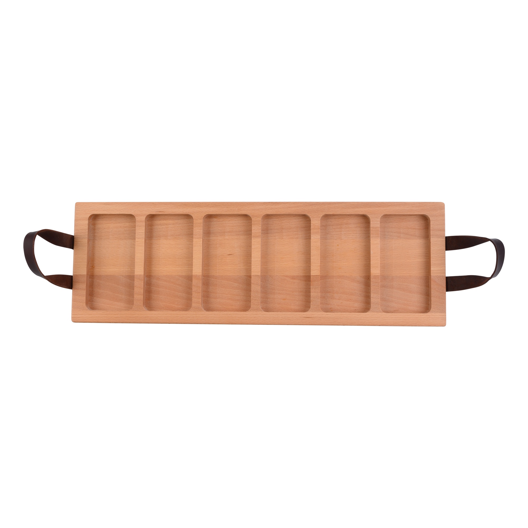 Pure Beech Wood Streetfoodtray 59 cm 6 cutouts leather handles