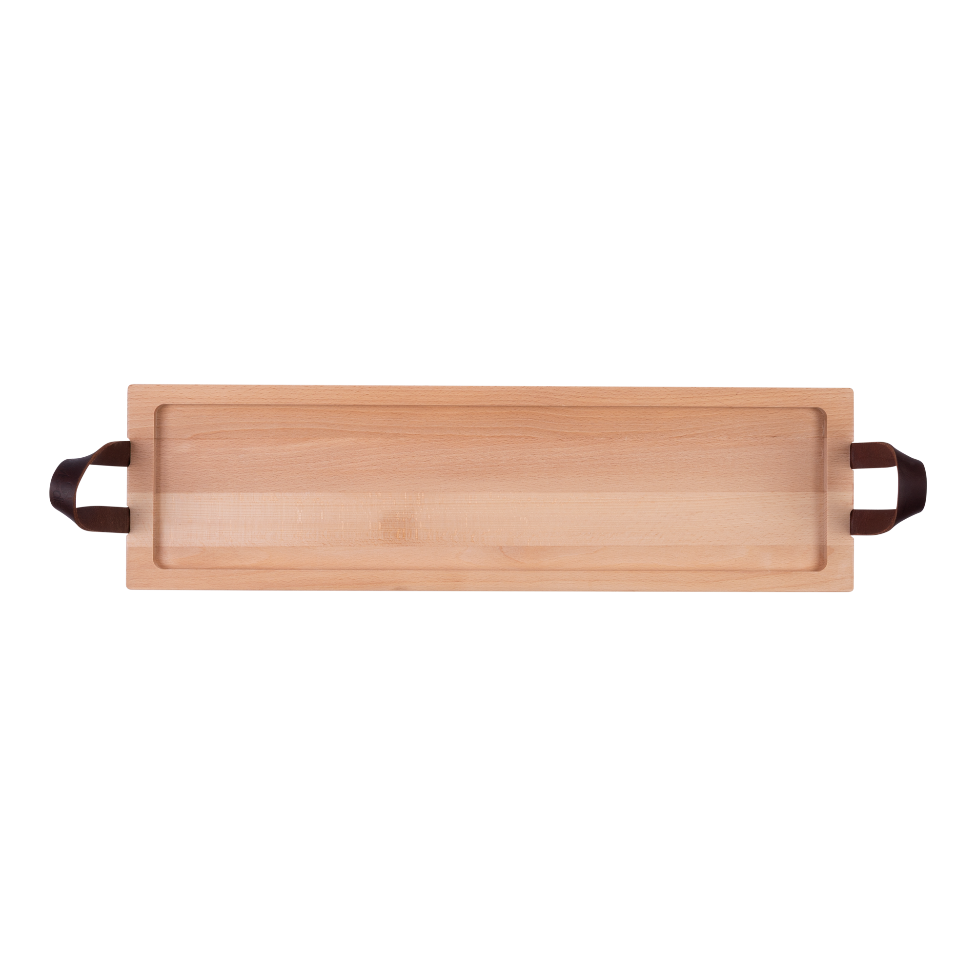 Pure Beech Wood Serving tray raised edge leather handles 69 cm