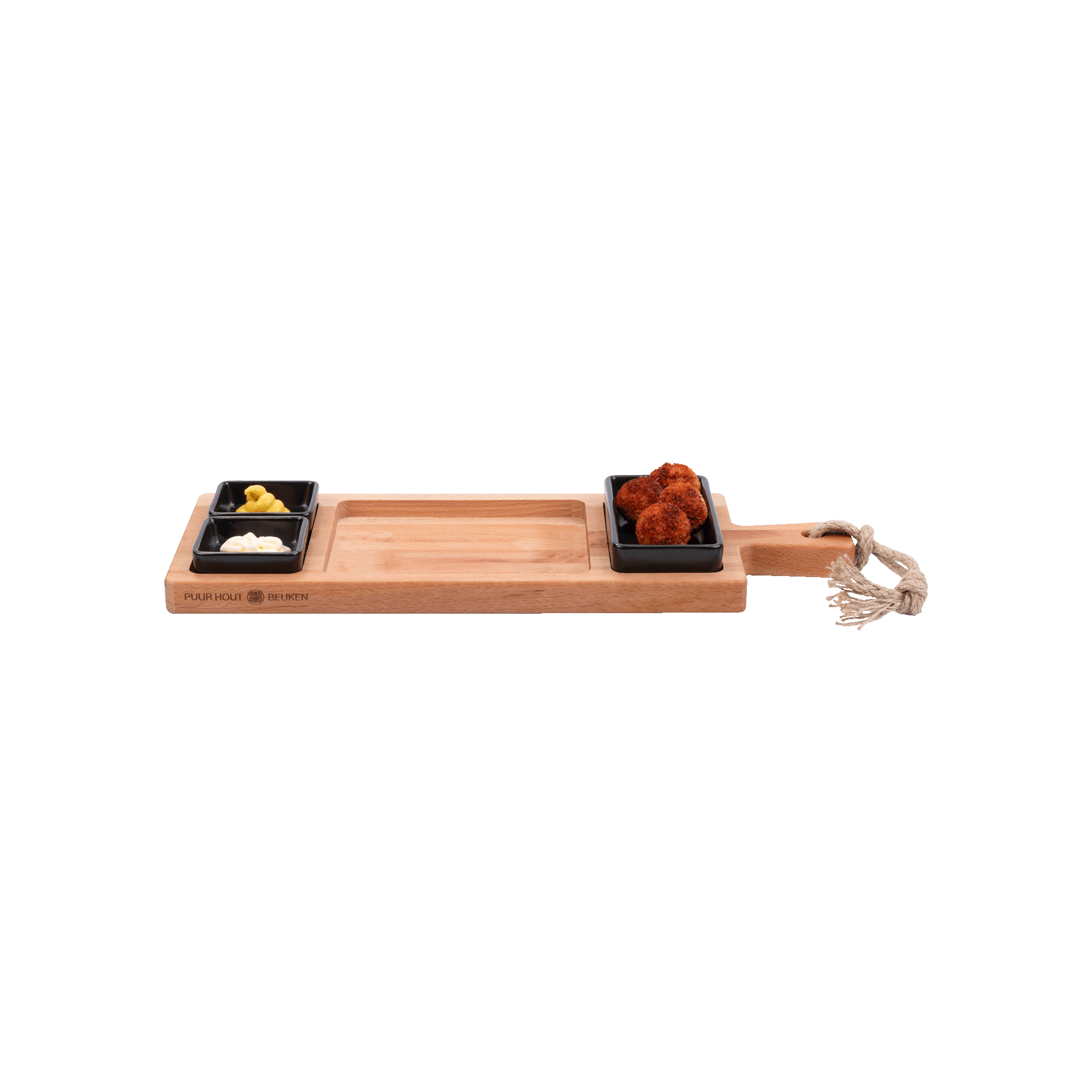Pure Beech Wood Foodtray 49 cm, 3 compartments with 3 Black bowls