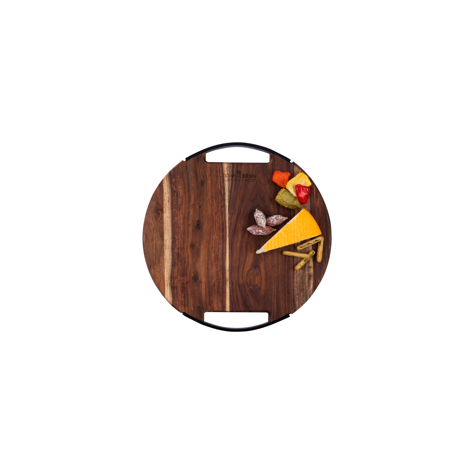 Pure Rose Wood Serveerplank rond 2 metalen handvatten 29 cm