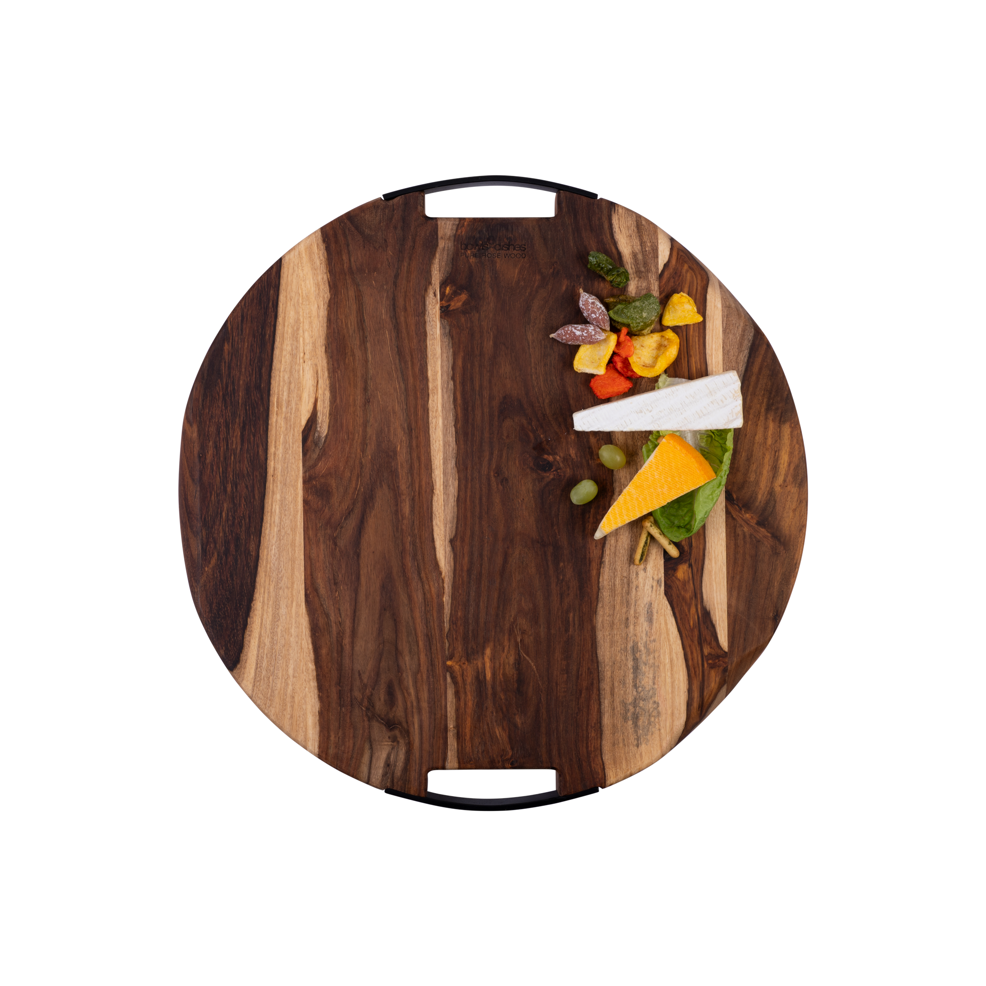 Pure Rose Wood Serveerplank rond 2 metalen handvatten 49 cm