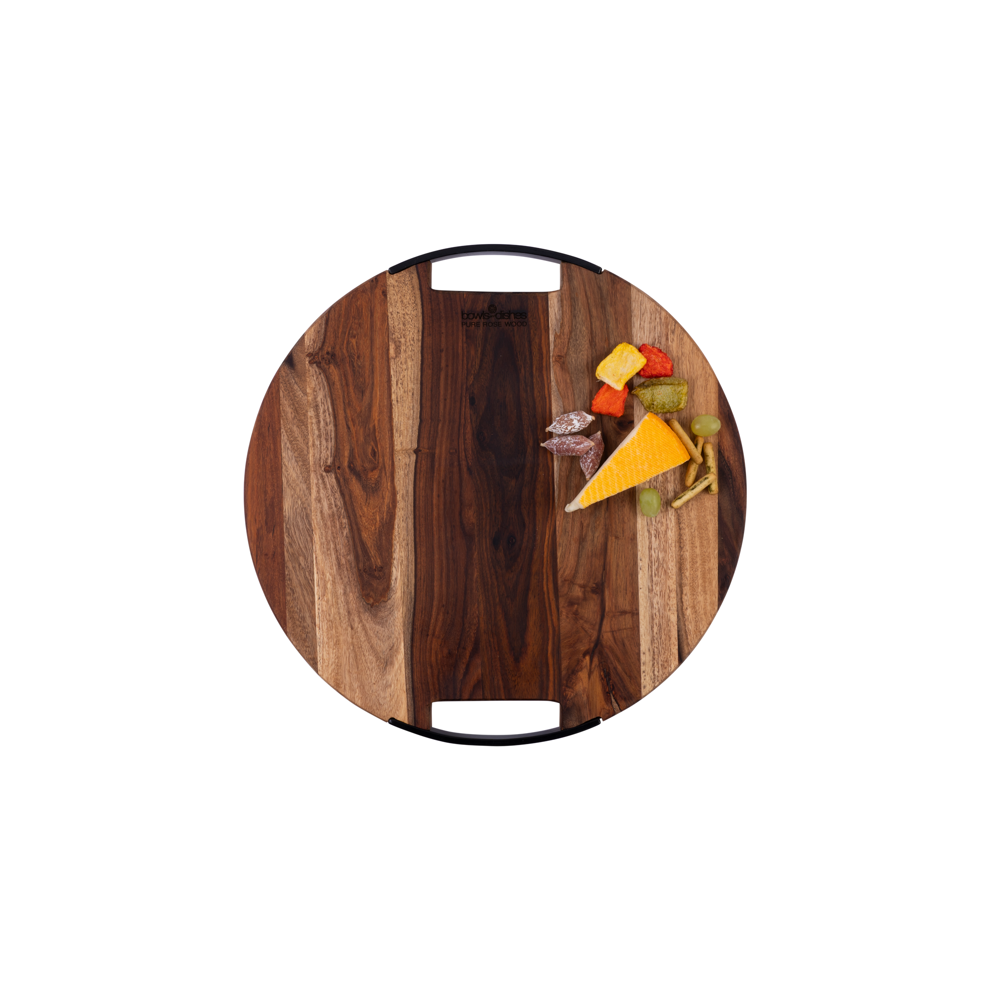 Pure Rose Wood Serveerplank rond 2 metalen handvatten 39 cm