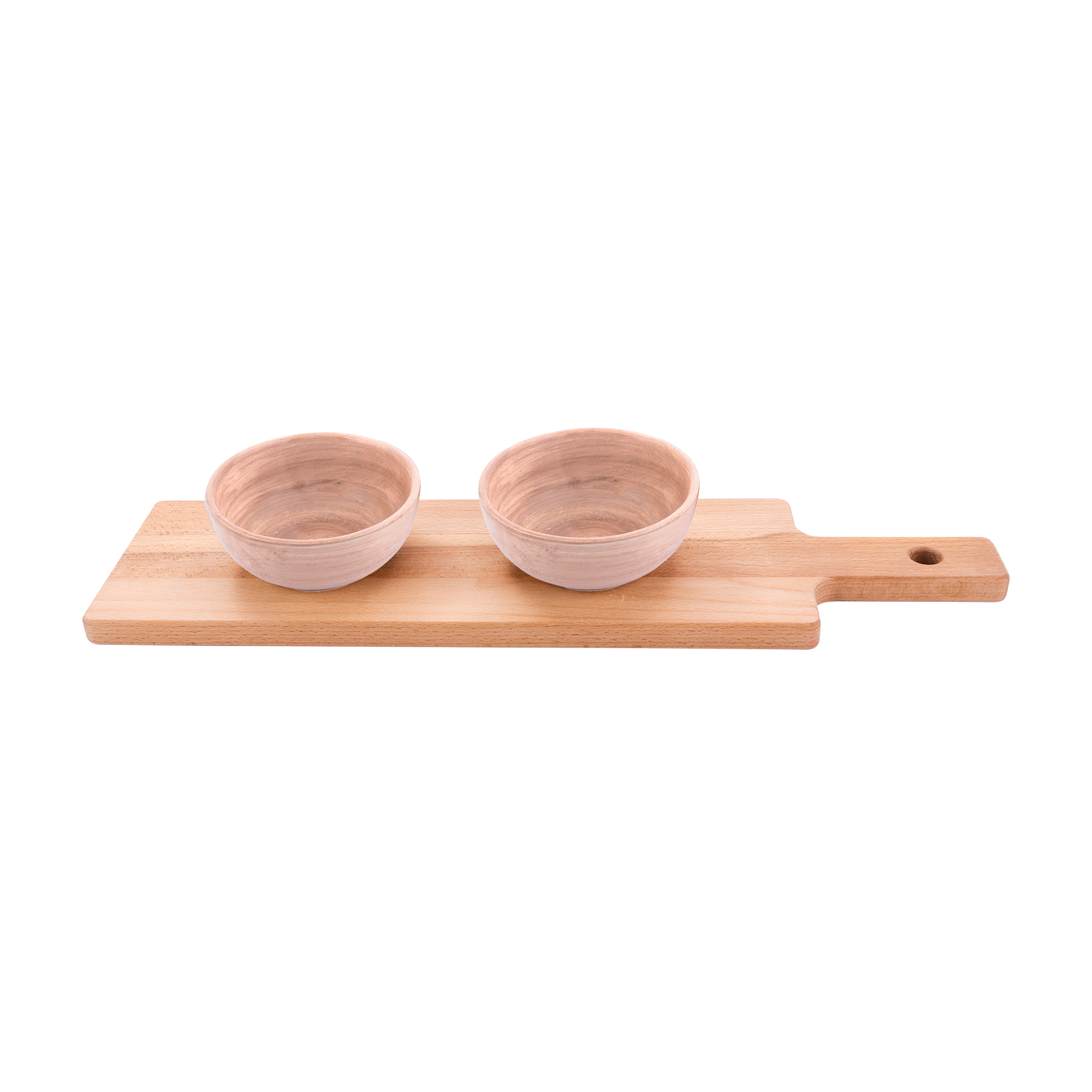 Borrelplank 46 cm met 2 Mano schaaltjes 11cm licht terra