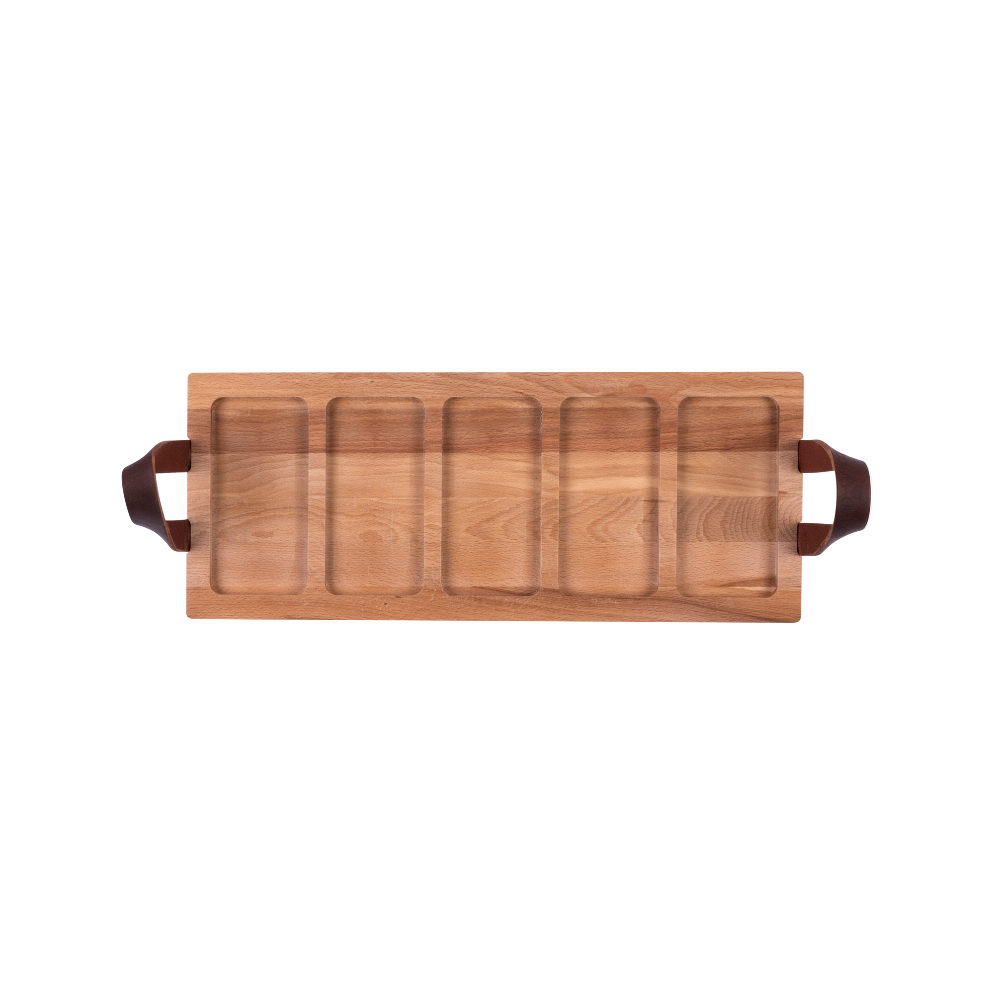 Pure Beech Wood Streetfoodtray 49 cm 5 cutouts leather handles