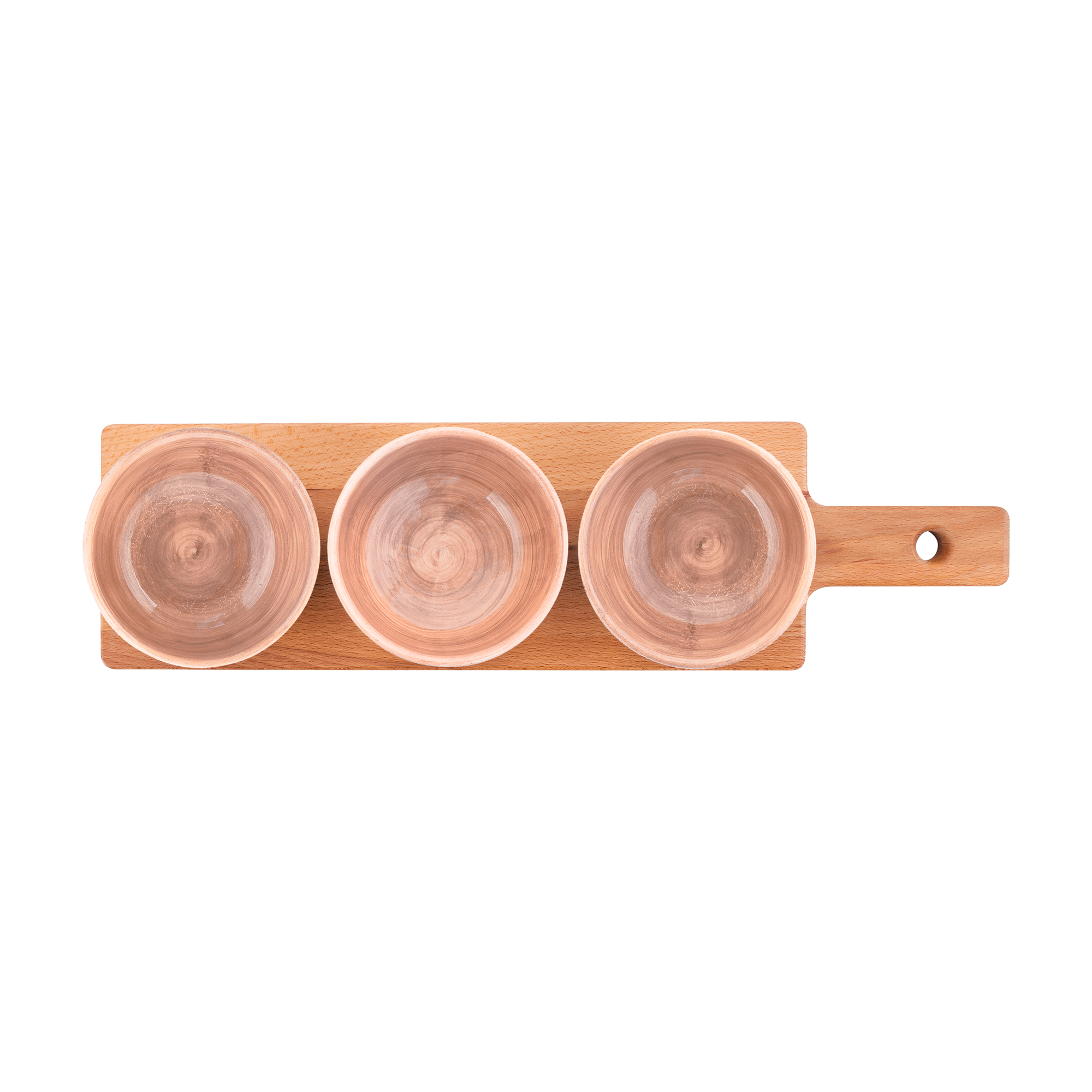 Borrelplank 46 cm met 3 Mano schaaltjes 11cm licht terra