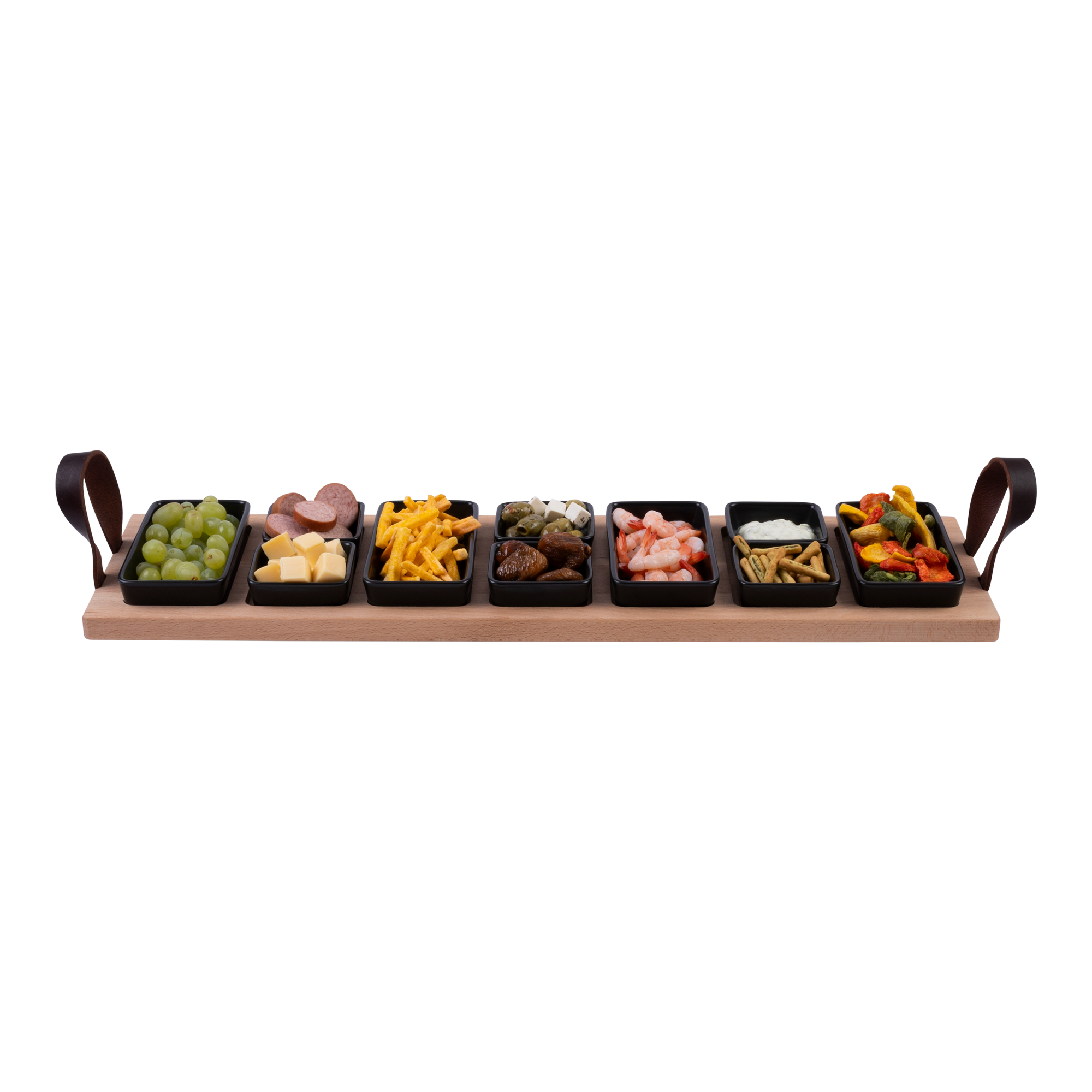 Bowls and Dishes Serving Tray 69 cm, 7-compartment with Black Bowls