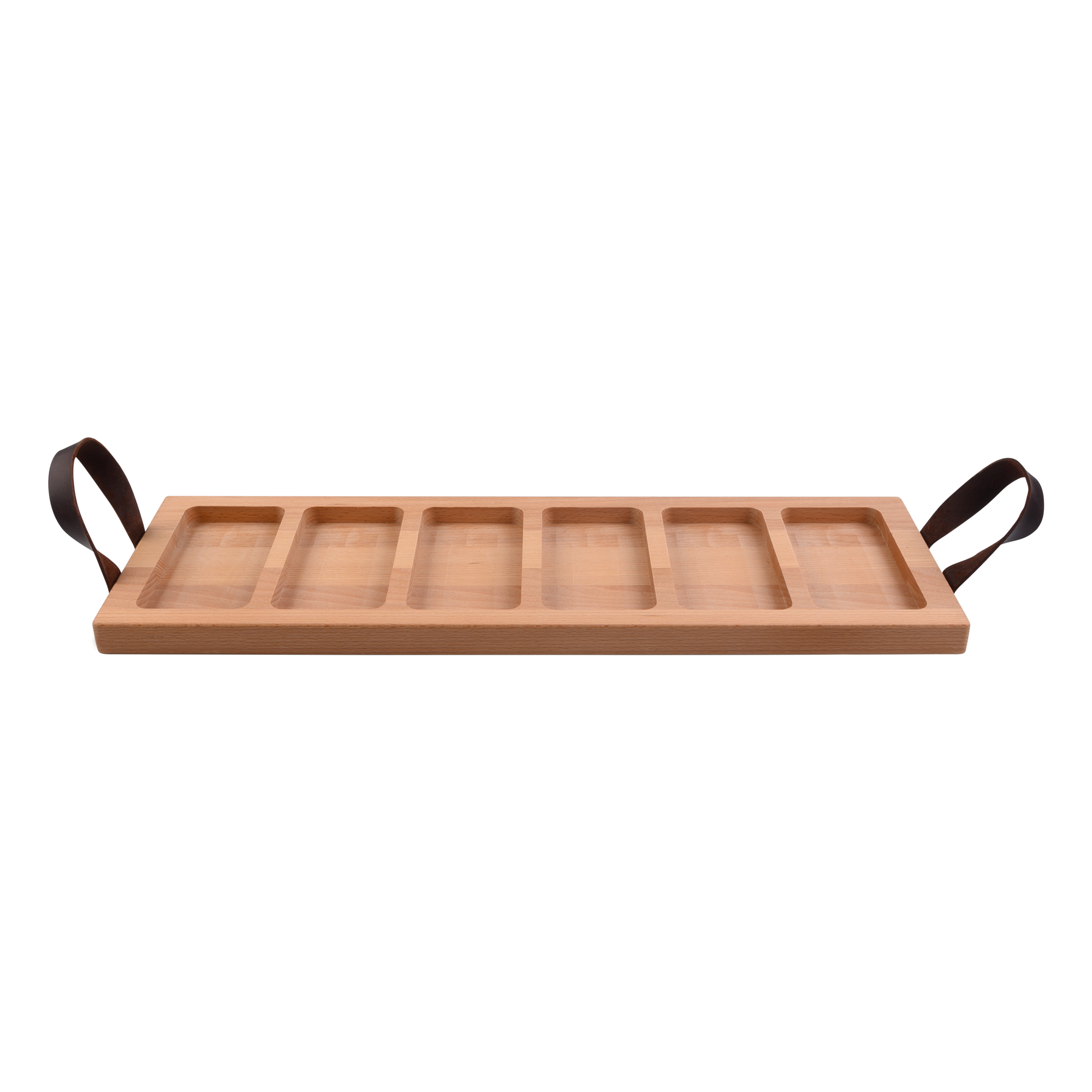Pure Beech Wood Streetfoodtray 59 cm 6 cutouts leather handles