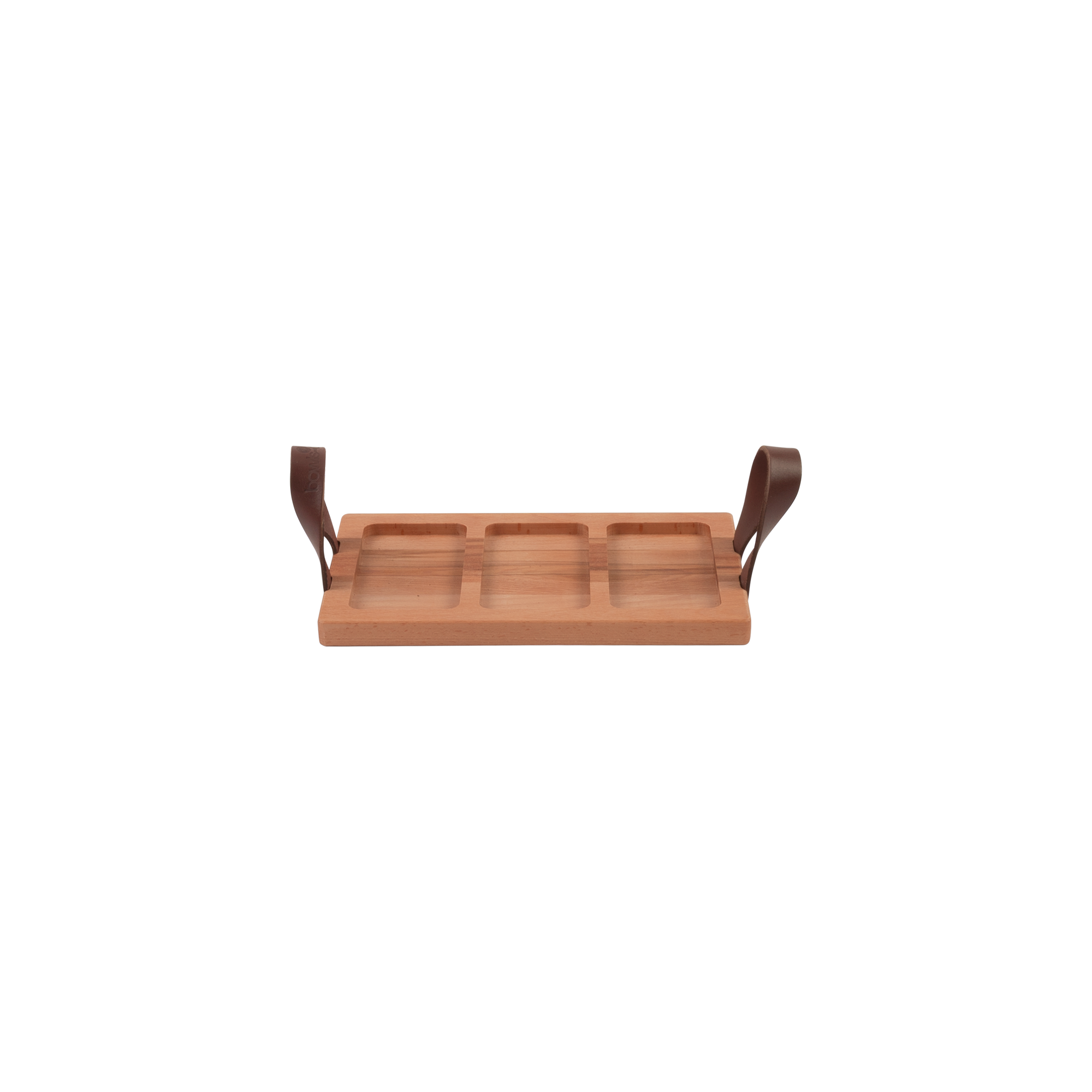 Pure Beech Wood Streetfoodtray 30 cm 3 cutouts leather handles