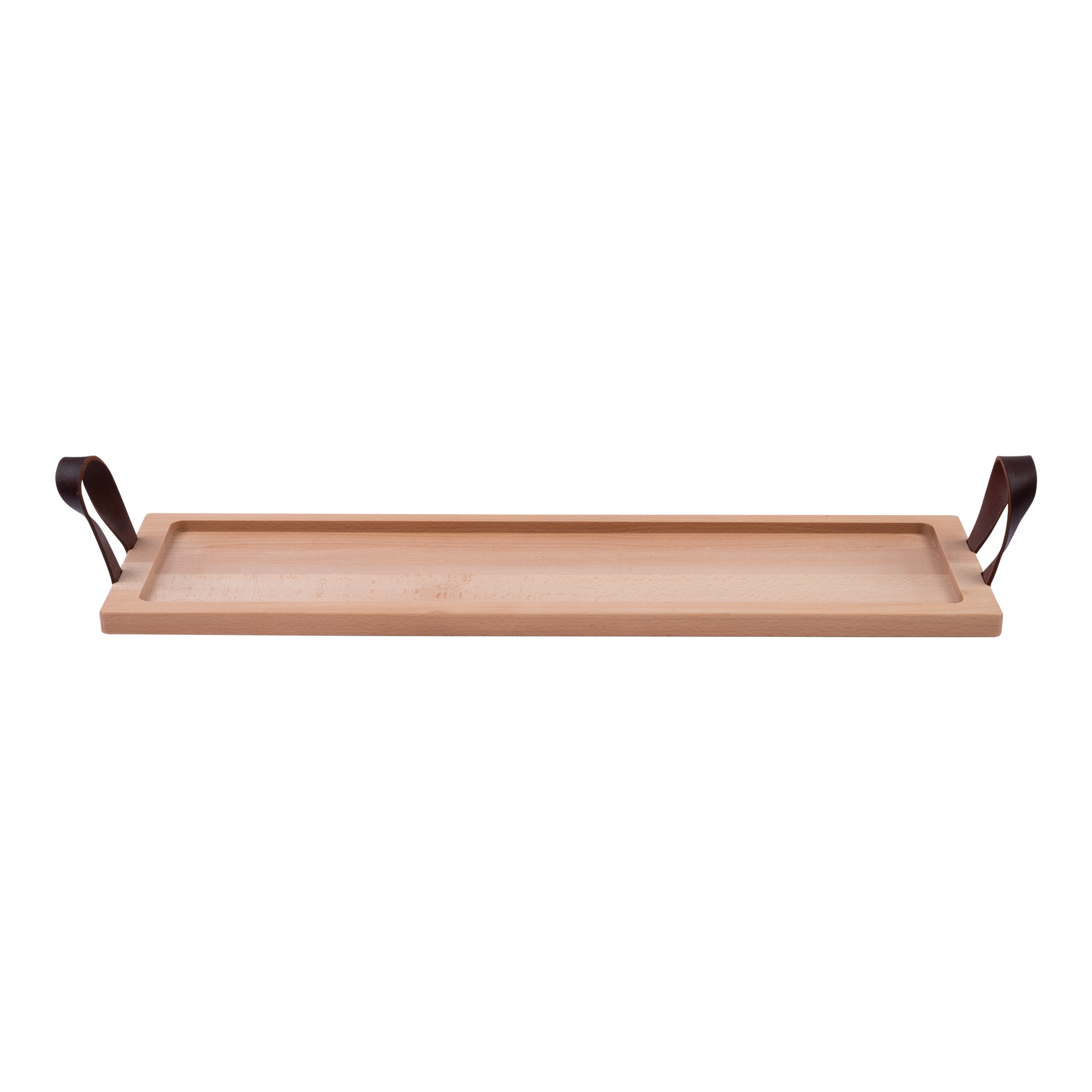 Pure Beech Wood Serving tray raised edge leather handles 69 cm