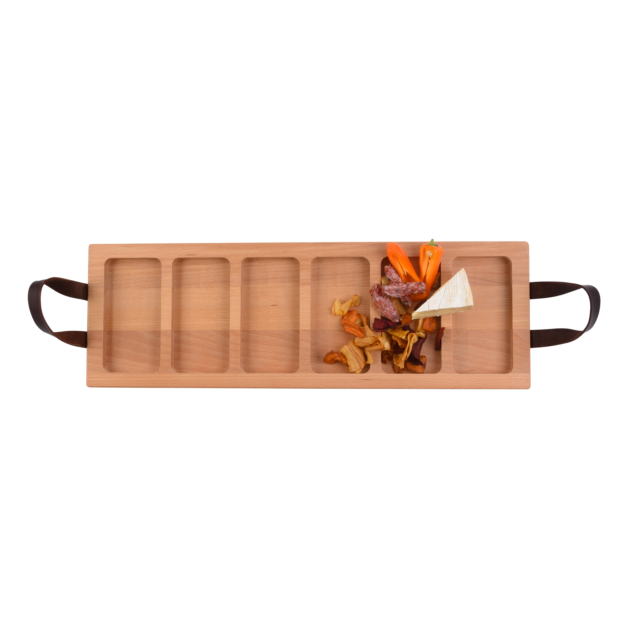 Pure Beech Wood Streetfoodtray 59 cm 6 cutouts leather handles