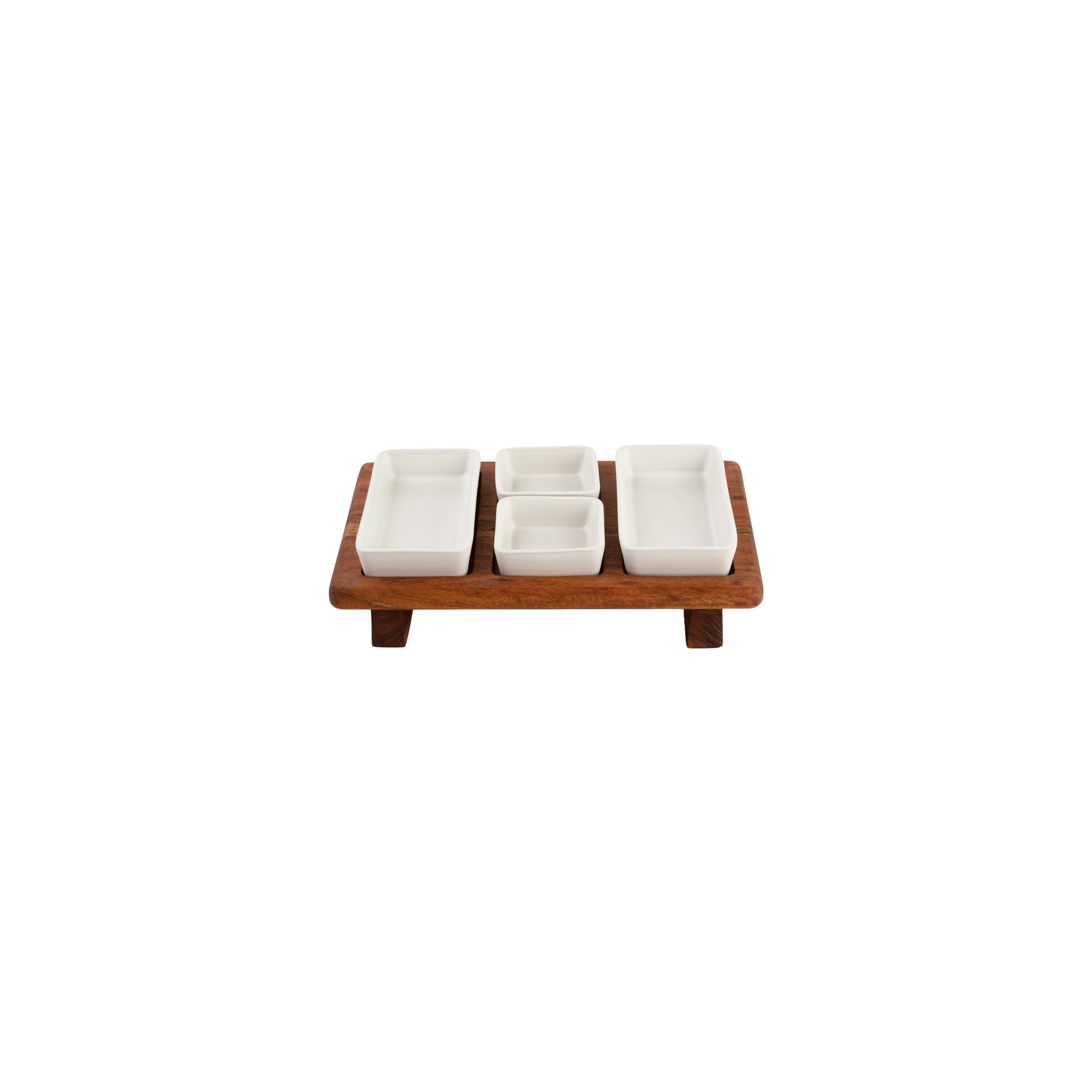 Pure Acacia Wood Borreltray 31cm 3-vaks met schaaltjes wit