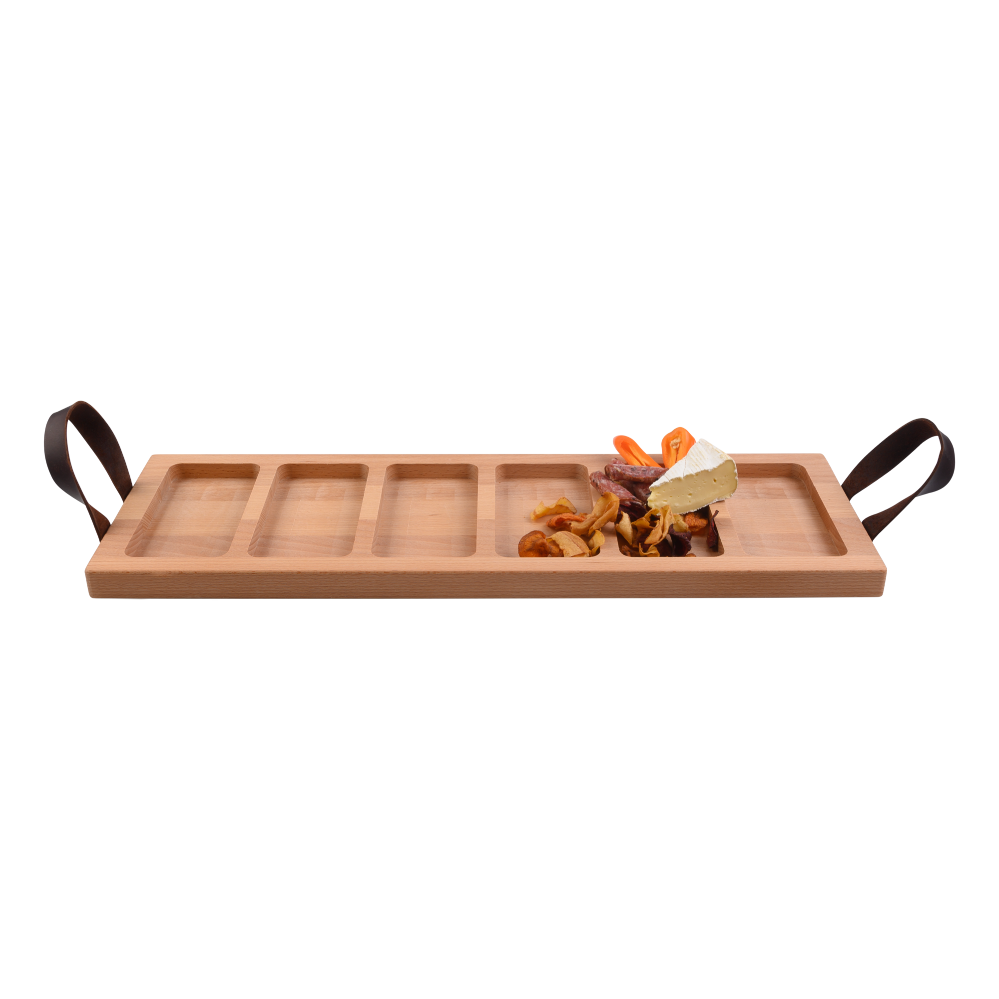 Pure Beech Wood Streetfoodtray 59 cm 6 cutouts leather handles