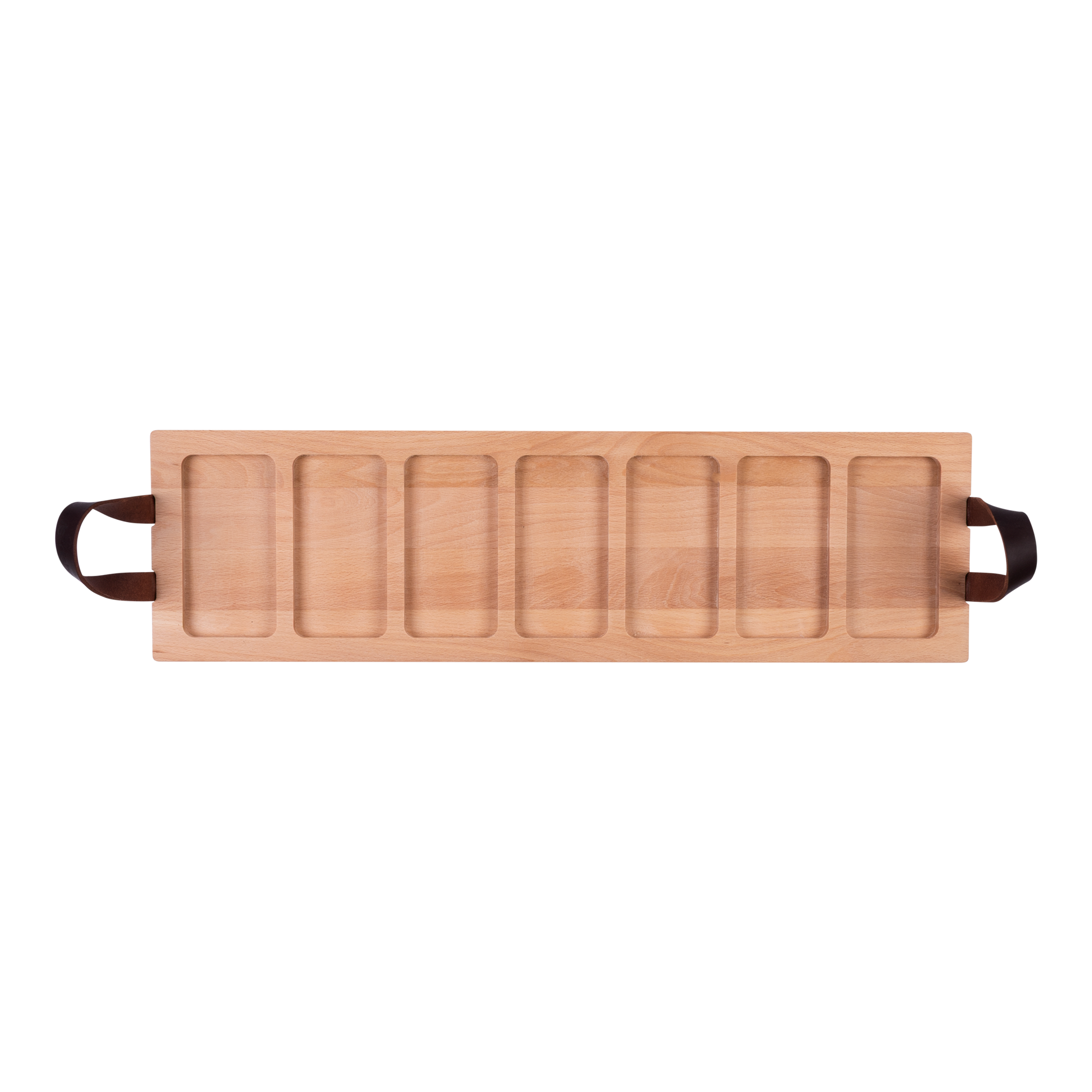 Pure Beech Wood Streetfoodtray 69 cm 7 cutouts leather handles