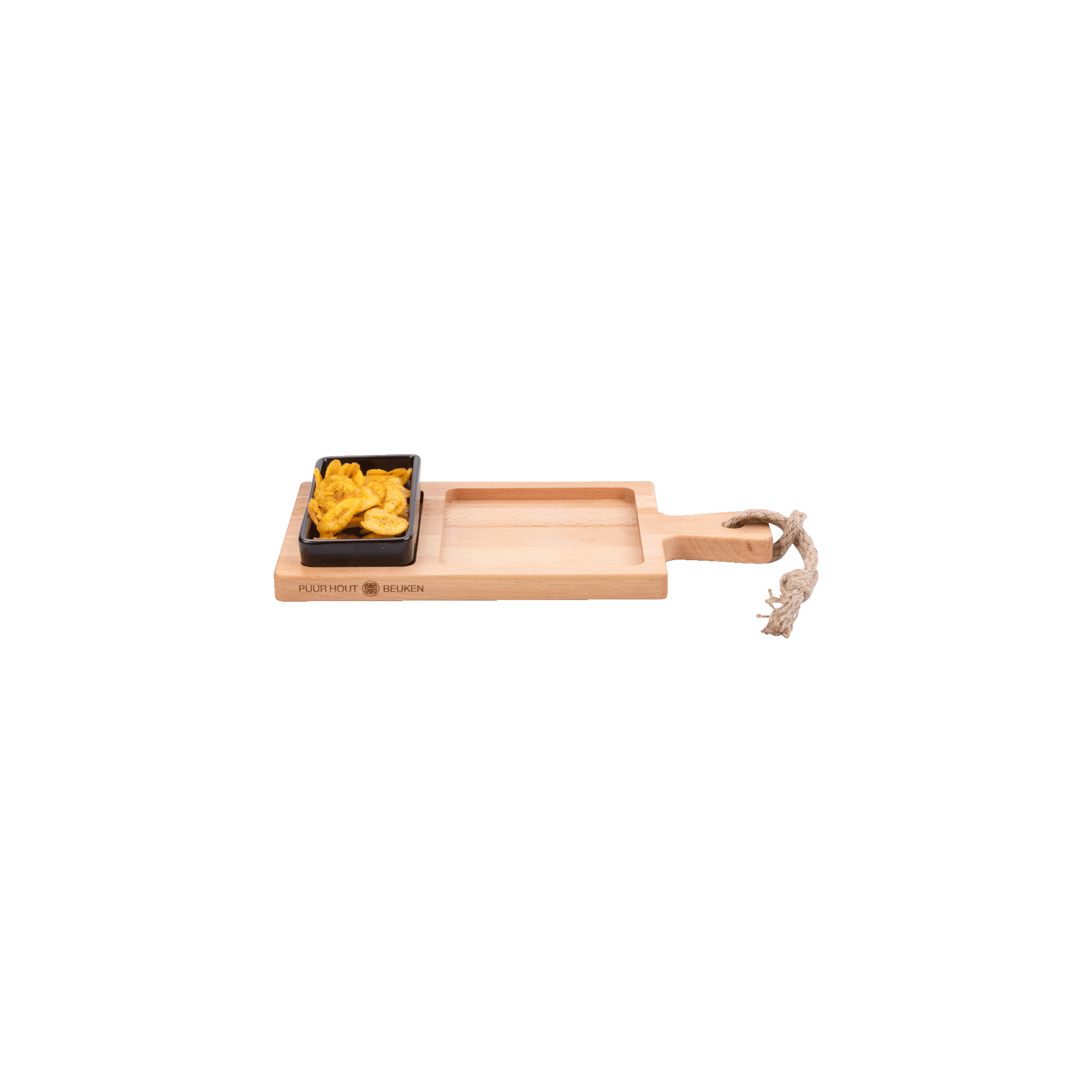 Pure Beech Wood Foodtray 35 cm, 2 compartments with 2 Black bowls