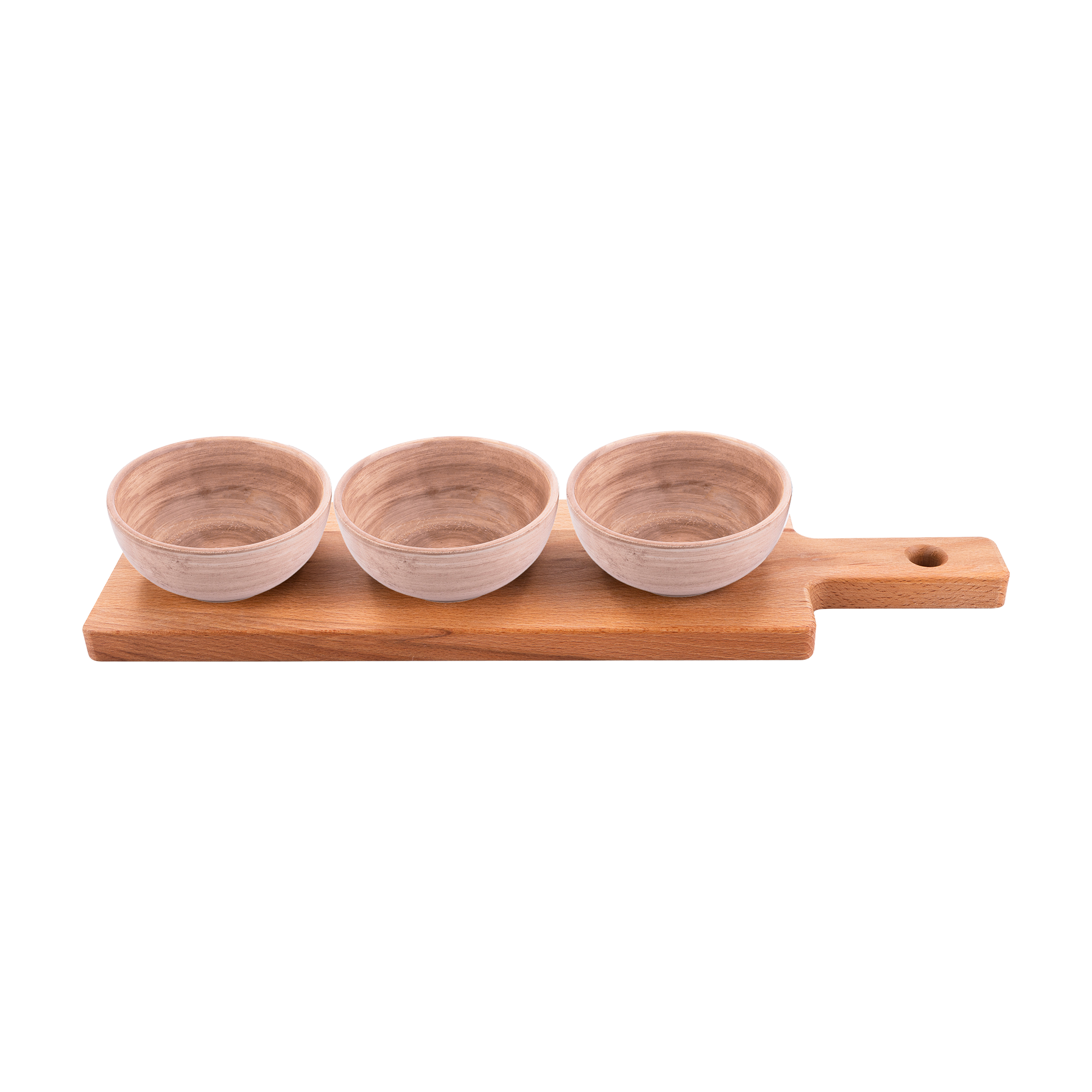 Borrelplank 46 cm met 3 Mano schaaltjes 11cm licht terra