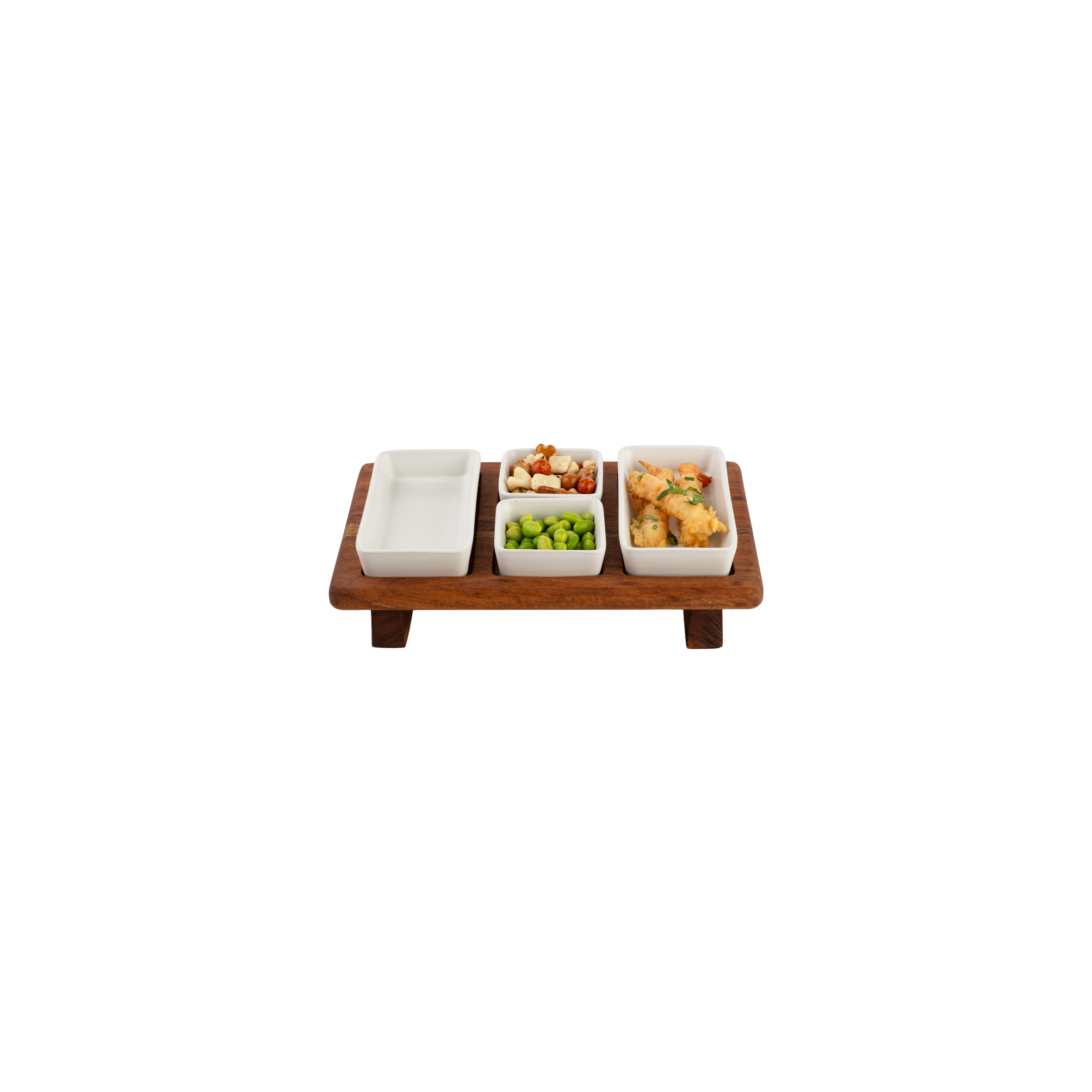 Pure Acacia Wood Borreltray 31cm 3-vaks met schaaltjes wit