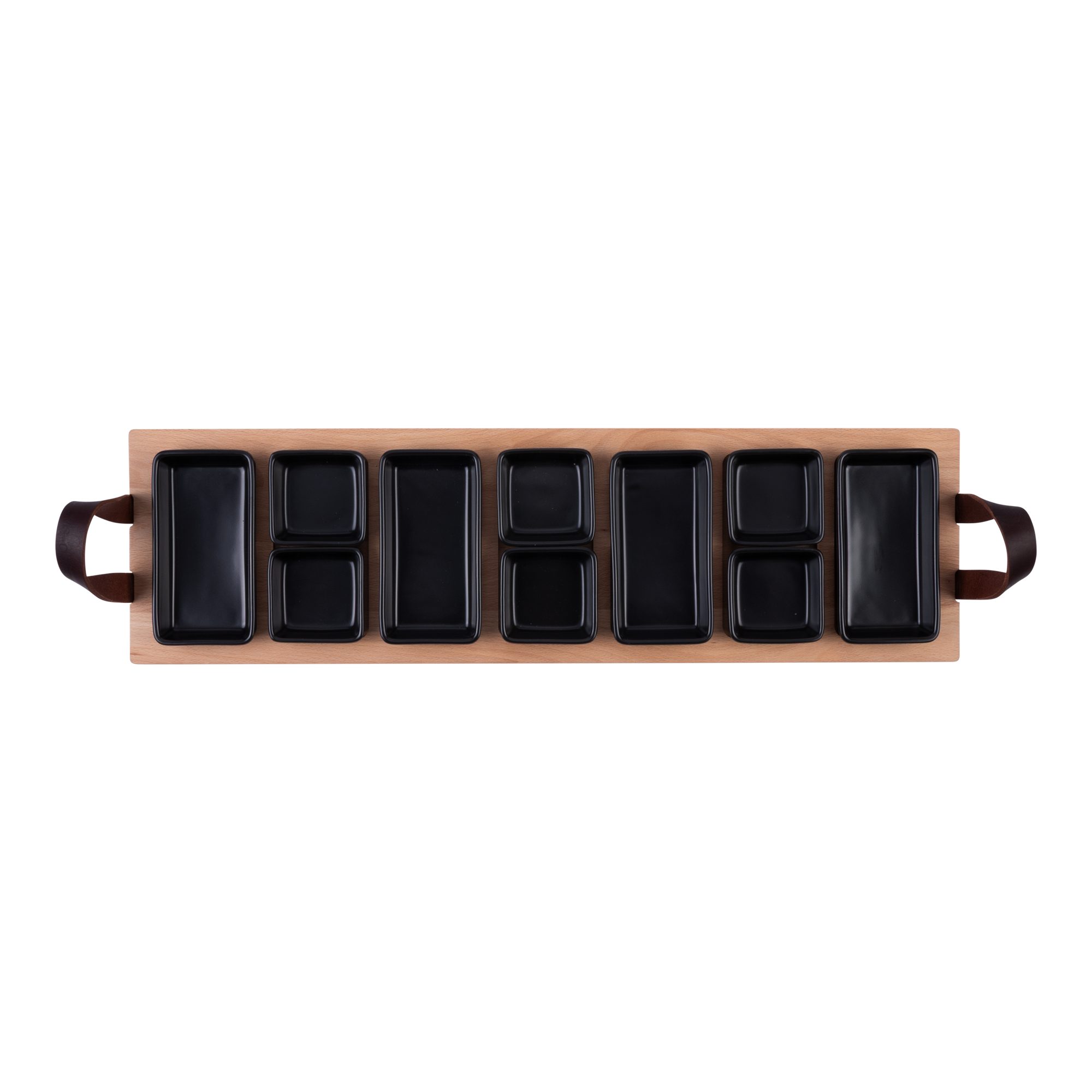 Bowls and Dishes Serving Tray 69 cm, 7-compartment with Black Bowls