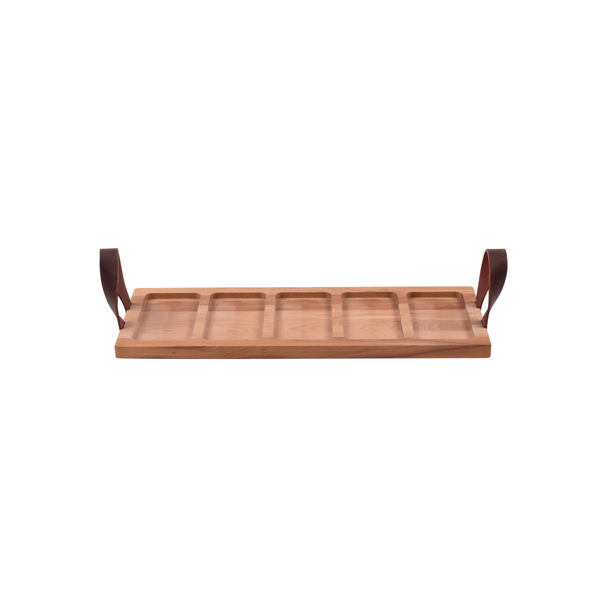 Pure Beech Wood Streetfoodtray 49 cm 5 cutouts leather handles