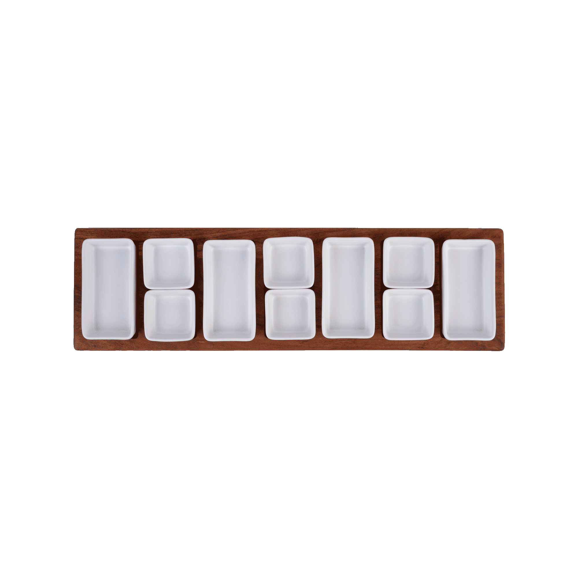 Pure Acacia Wood Borreltray 69cm 7-vaks met schaaltjes wit