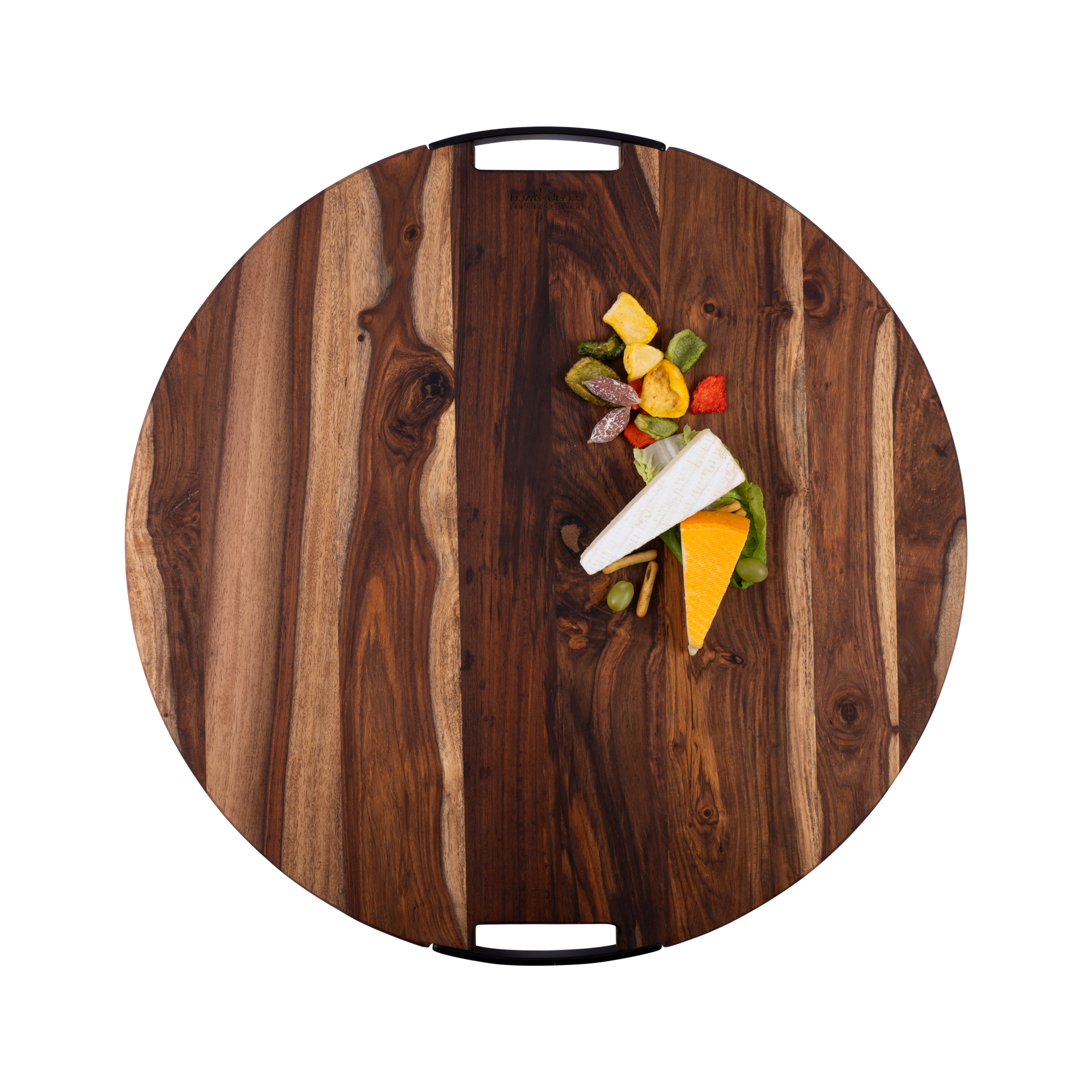 Pure Rose Wood Serveerplank rond 2 metalen handvatten 59 cm