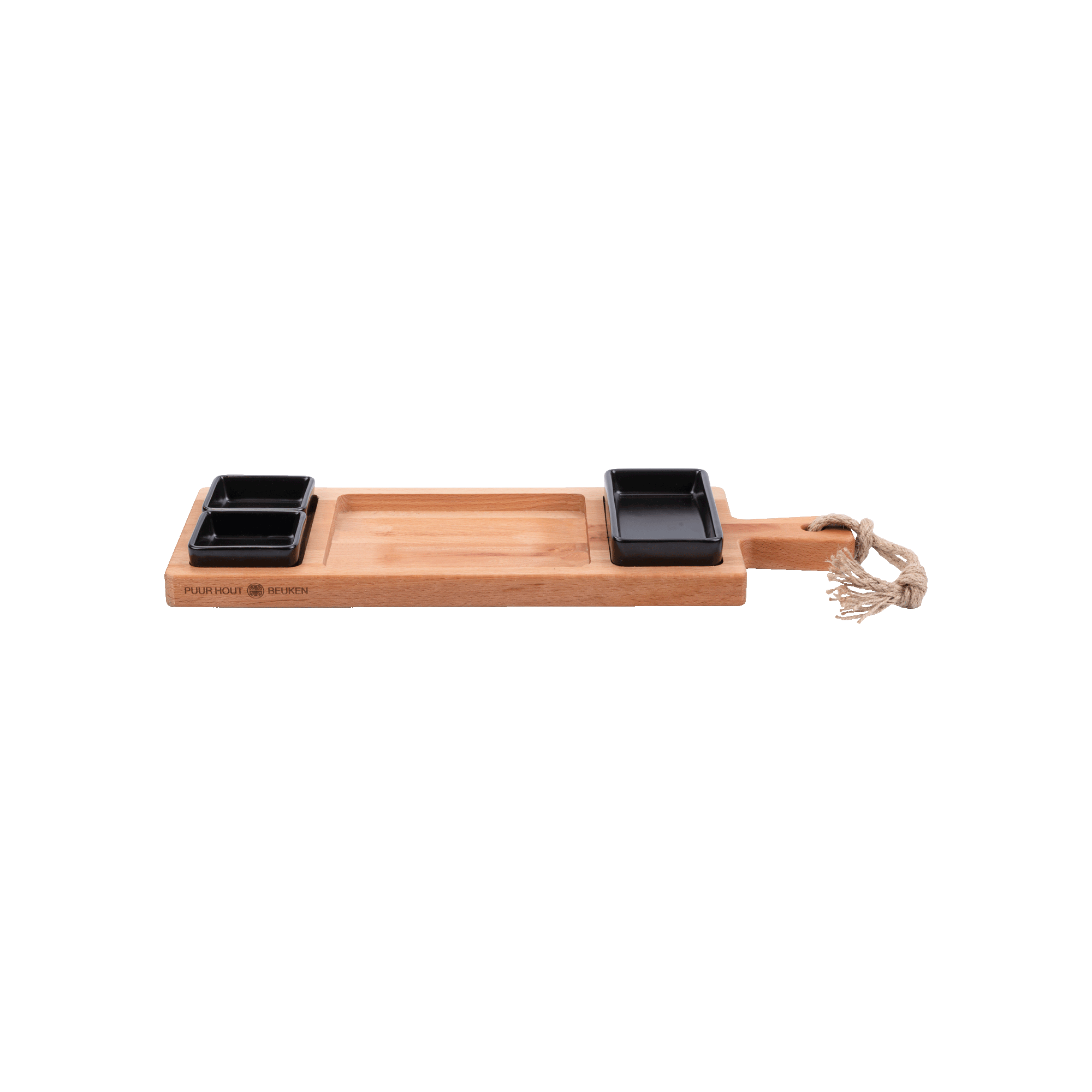 Pure Beech Wood Foodtray 49 cm, 3 compartments with 3 Black bowls