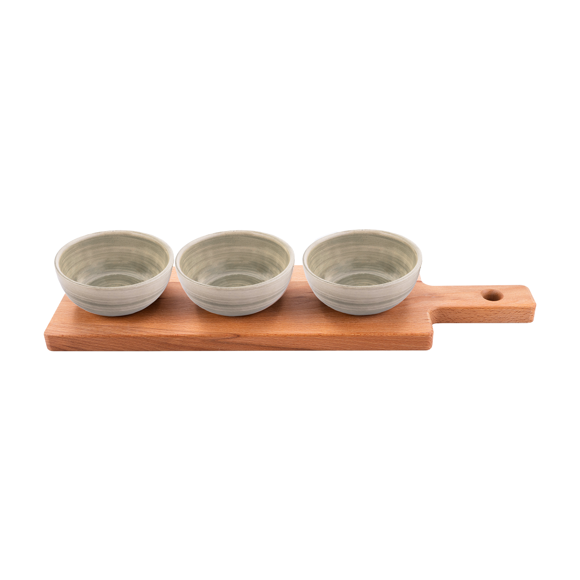 Borrelplank 46 cm met 3 Mano schaaltjes 11 cm lichtgroen